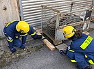 Zwei Menschen in Einsatzkleidung hocken neben einem Metallkorb. Einer hebt ihn mit einer Brechstange an, ein anderer schiebt ein Stück Holz darunter.